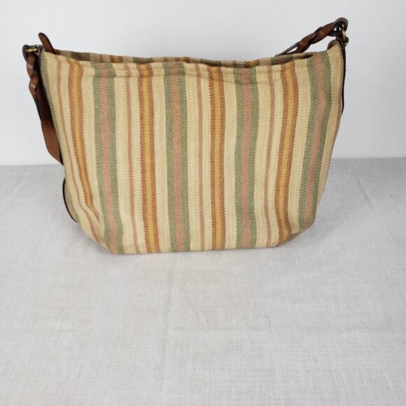 Fossil Hobo Bag Woven Brown Neutral Stripe Canvas Fabric Shoulder Purse - Picture 2 of 11